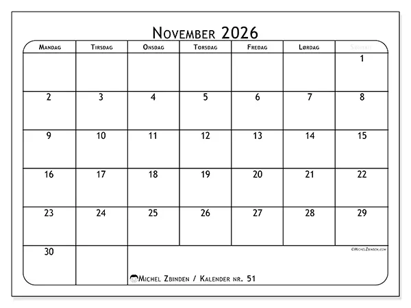 November 2026 månedskalender til udskrivning - Måltidsplan