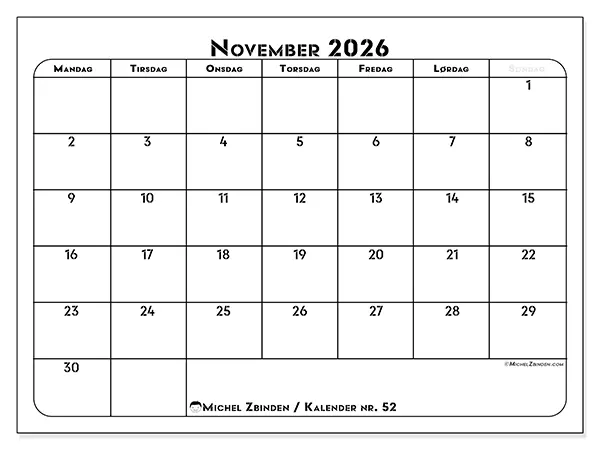 November 2026 månedskalender til udskrivning - Professionel organisering