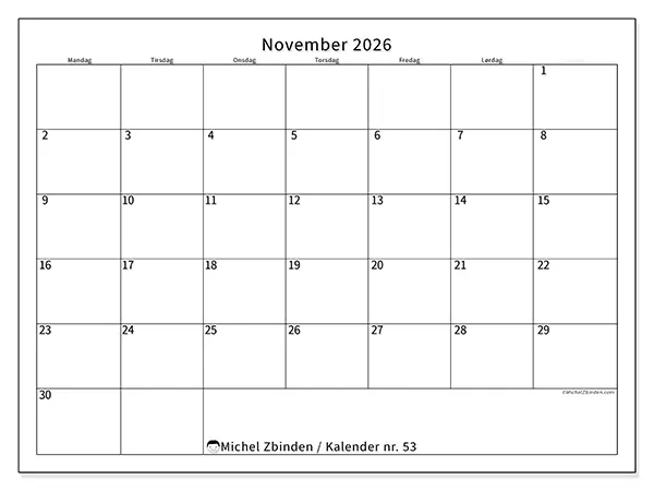 November 2026 månedskalender til udskrivning - Tydeligt skema