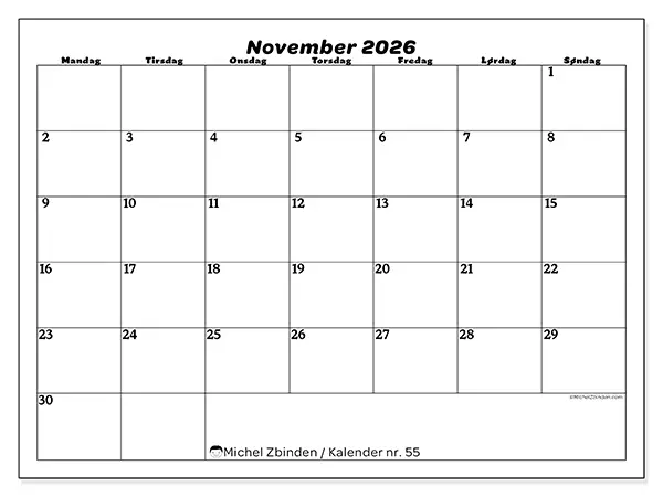 November 2026 månedskalender til udskrivning - Organisering af fritid