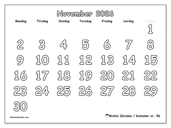 November 2026 månedskalender til udskrivning - Nyttig farvelægning