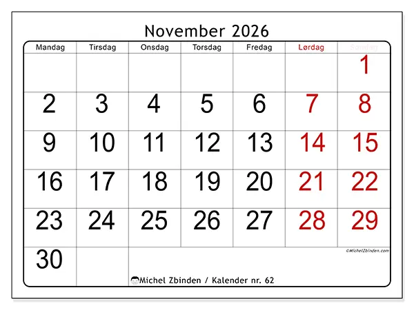 November 2026 månedskalender til udskrivning - Hurtigt overblik
