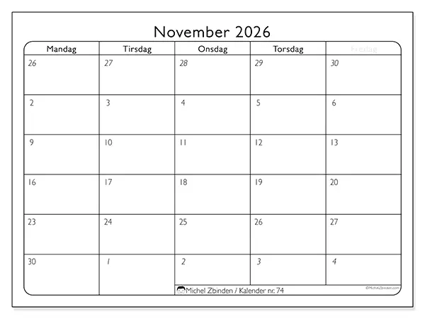 November 2026 månedskalender til udskrivning - Arbejdsorganisering