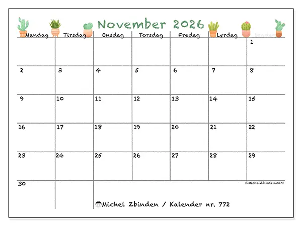November 2026 månedskalender til udskrivning - Dekorative kaktusser