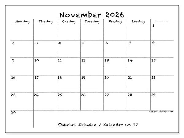 November 2026 månedskalender til udskrivning - Skole og familie