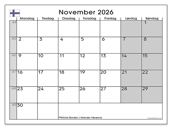 November 2026 månedskalender til udskrivning - Færøerne