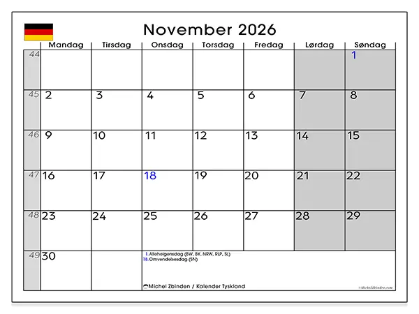 November 2026 månedskalender til udskrivning - Tyskland