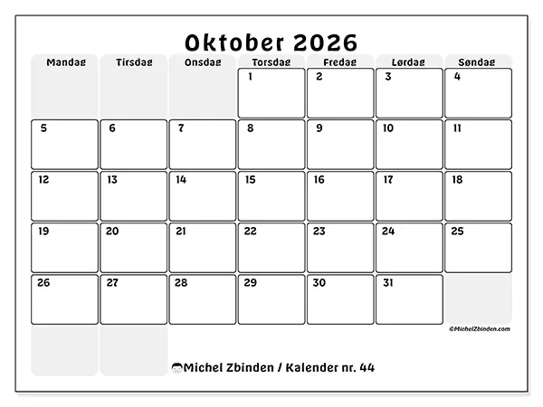Oktober 2026 månedskalender til udskrivning - Struktureret planlægning