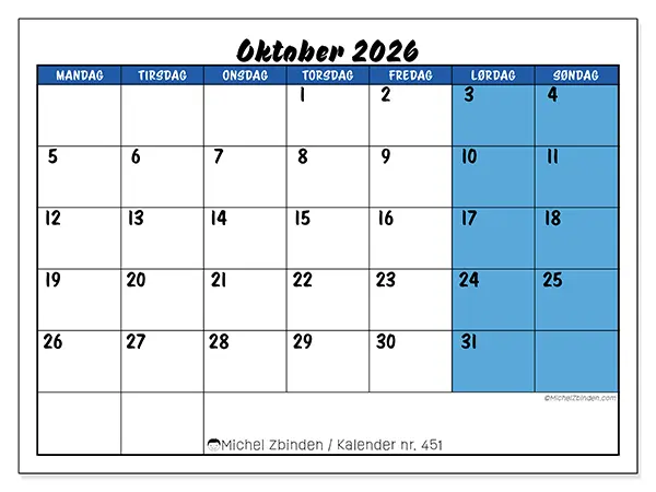 Oktober 2026 månedskalender til udskrivning - Dynamisk organisering