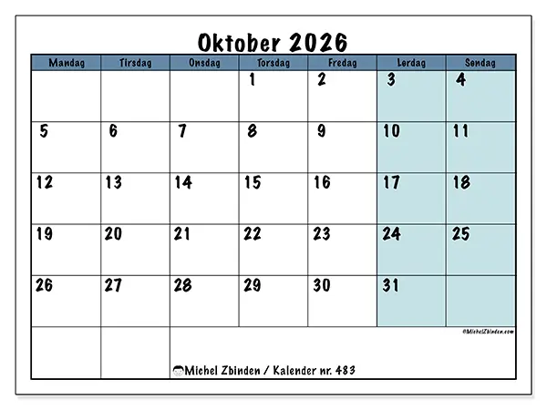 Oktober 2026 månedskalender til udskrivning - Struktur til skole