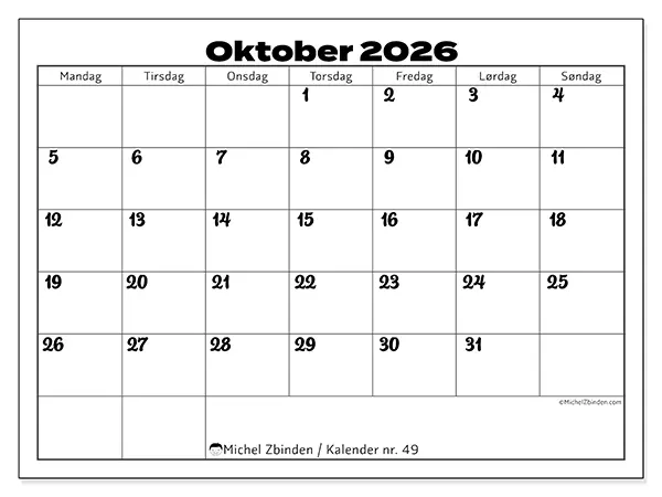 Oktober 2026 månedskalender til udskrivning - Koordinering på arbejdet