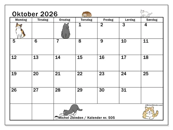 Oktober 2026 månedskalender til udskrivning - Katteliv
