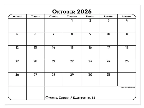 Oktober 2026 månedskalender til udskrivning - Professionel organisering