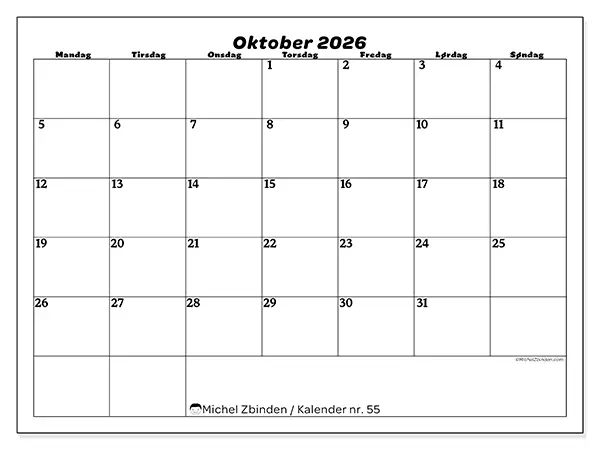 Oktober 2026 månedskalender til udskrivning - Organisering af fritid