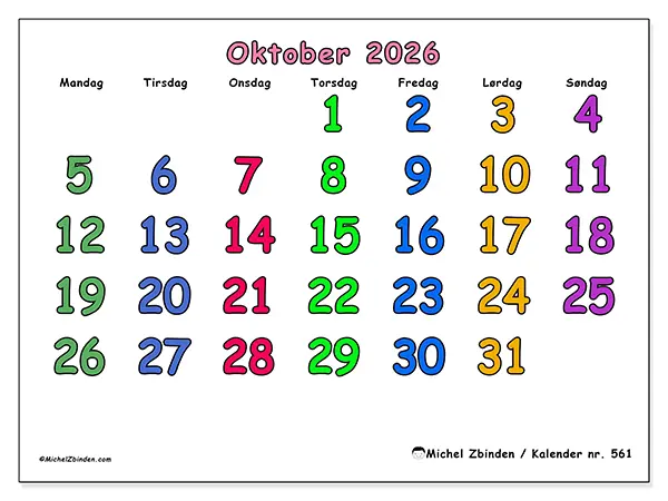 Oktober 2026 månedskalender til udskrivning - Kreative øjeblikke