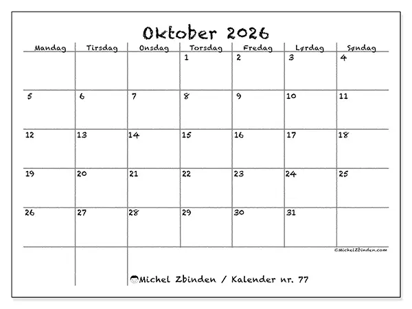 Oktober 2026 månedskalender til udskrivning - Skole og familie