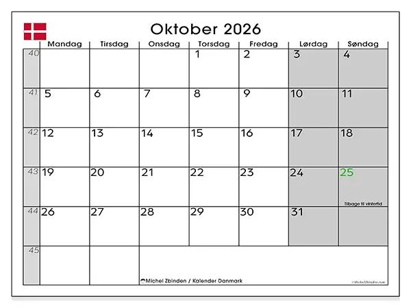 Oktober 2026 månedskalender til udskrivning - Danmark