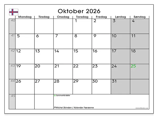 Oktober 2026 månedskalender til udskrivning - Færøerne