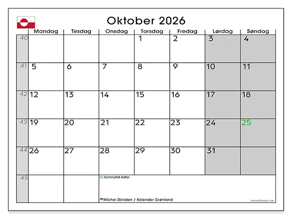 Oktober 2026 månedskalender til udskrivning - Grønland