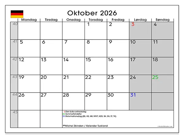 Oktober 2026 månedskalender til udskrivning - Tyskland