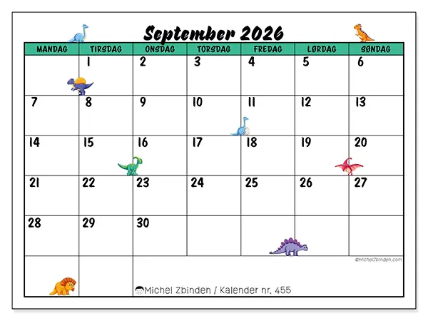 September 2026 månedskalender til udskrivning - Små dinosaurer