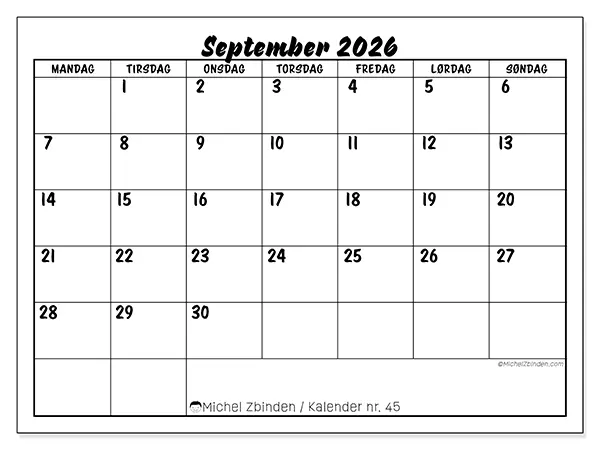 September 2026 månedskalender til udskrivning - Skolesucces
