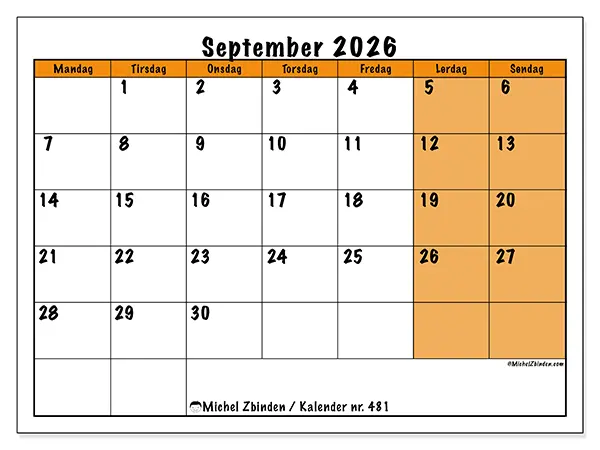 September 2026 månedskalender til udskrivning
