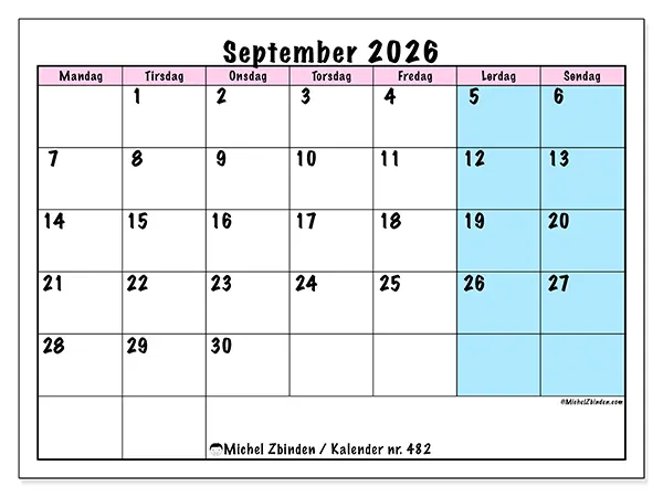 September 2026 månedskalender til udskrivning - Team tidsplan