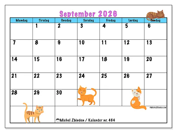 September 2026 månedskalender til udskrivning - Kærlighed til katte