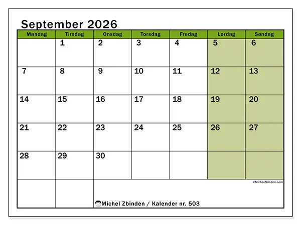 September 2026 månedskalender til udskrivning - Levende organisering