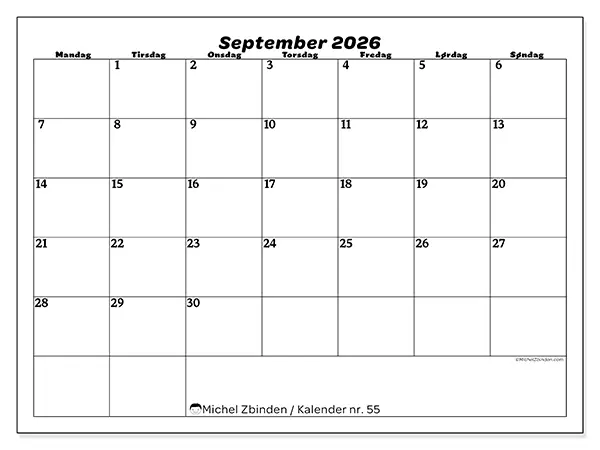 September 2026 månedskalender til udskrivning - Organisering af fritid