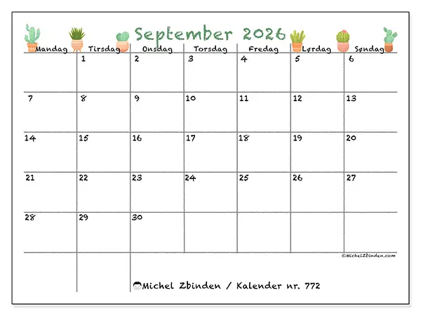 September 2026 månedskalender til udskrivning - Dekorative kaktusser