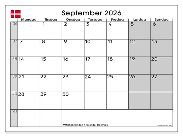 September 2026 månedskalender til udskrivning - Danmark