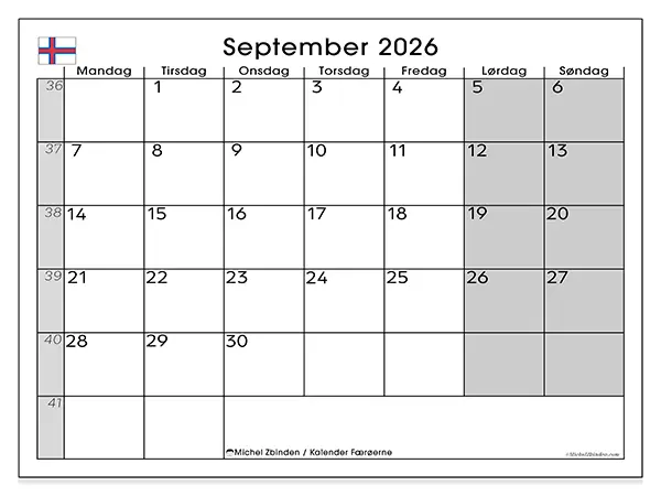 September 2026 månedskalender til udskrivning - Færøerne