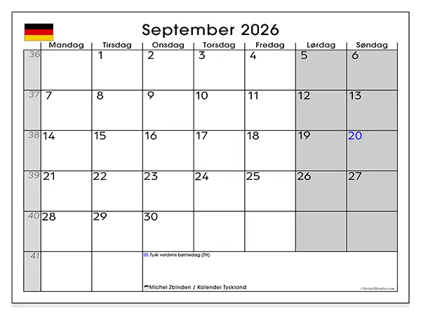 September 2026 månedskalender til udskrivning - Tyskland