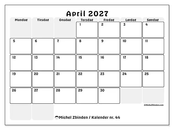 April 2027 månedskalender til udskrivning - Struktureret planlægning