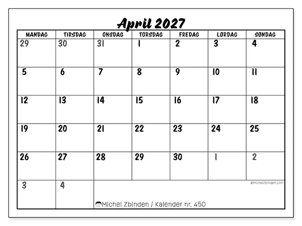 April 2027 månedskalender til udskrivning - Detaljeret organisering