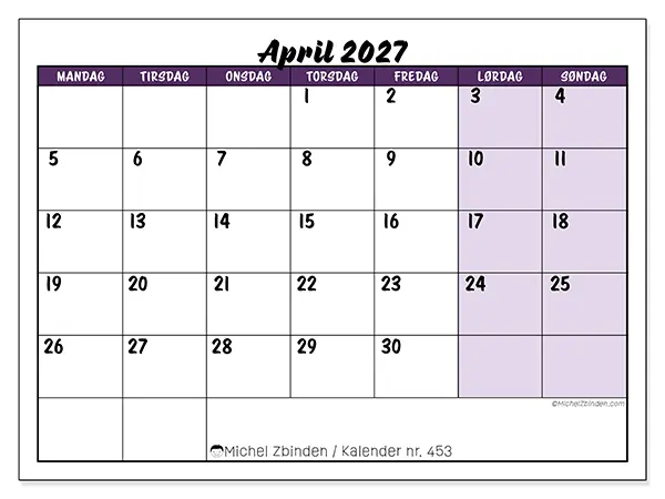 April 2027 månedskalender til udskrivning - Farverige opgaver