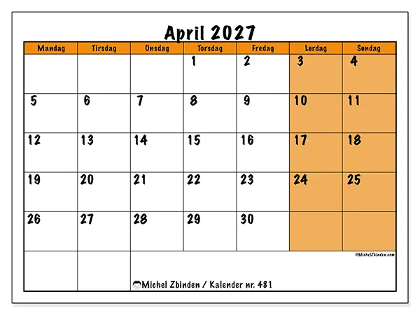 April 2027 månedskalender til udskrivning - Dynamisk planlægning
