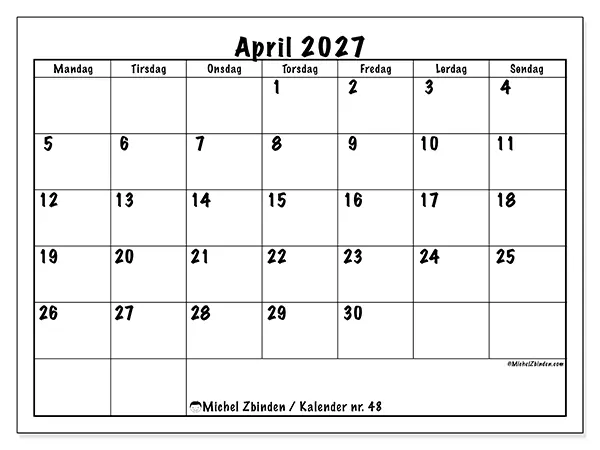 April 2027 månedskalender til udskrivning - Daglig planlægning