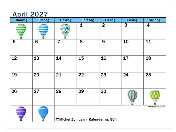 April 2027 månedskalender til udskrivning - Luftballoner