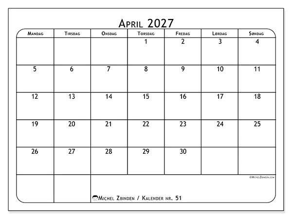 April 2027 månedskalender til udskrivning - Måltidsplan