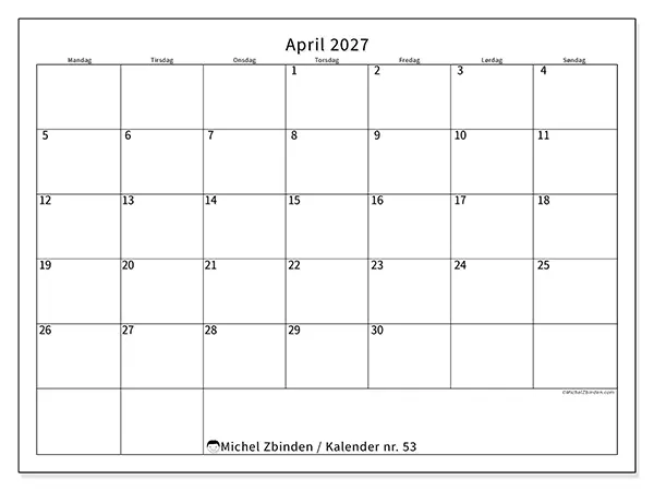 April 2027 månedskalender til udskrivning - Tydeligt skema