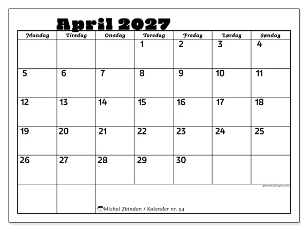 April 2027 månedskalender til udskrivning - Familieaktiviteter