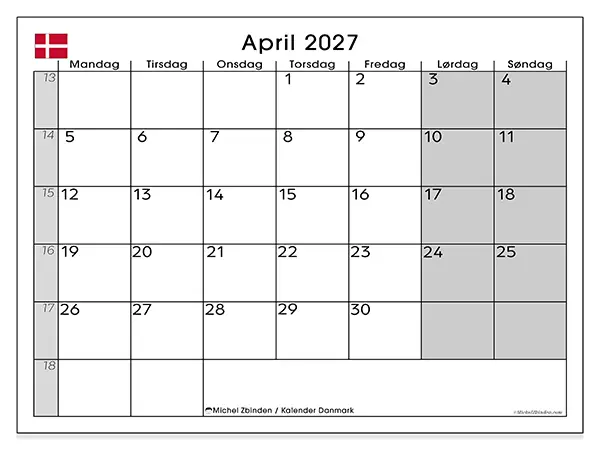 April 2027 månedskalender til udskrivning - Danmark