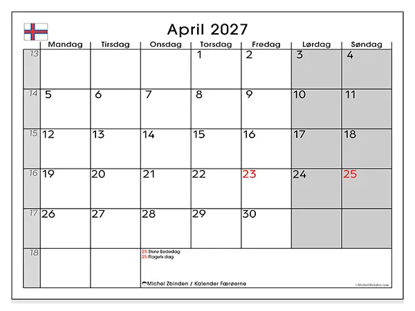 April 2027 månedskalender til udskrivning - Færøerne