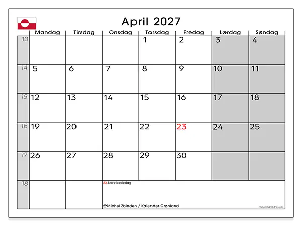 April 2027 månedskalender til udskrivning - Grønland