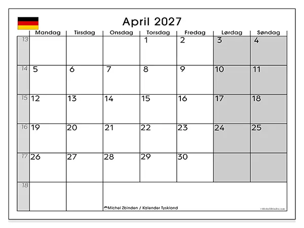 April 2027 månedskalender til udskrivning - Tyskland