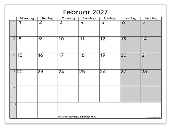 Februar 2027 månedskalender til udskrivning - Enkelt overblik