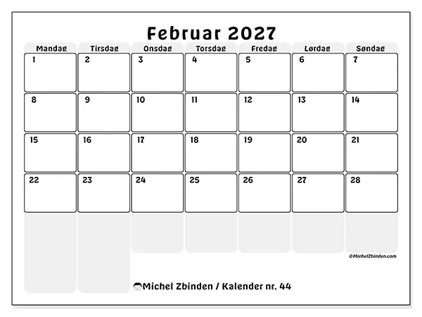 Februar 2027 månedskalender til udskrivning - Struktureret planlægning